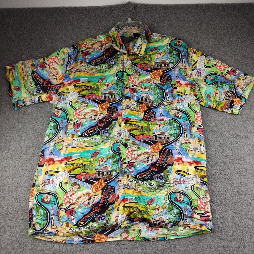 VTG 90s Nicole Miller Route 66 Main Street Hawaiian Silk Shirt Mens Small Loop